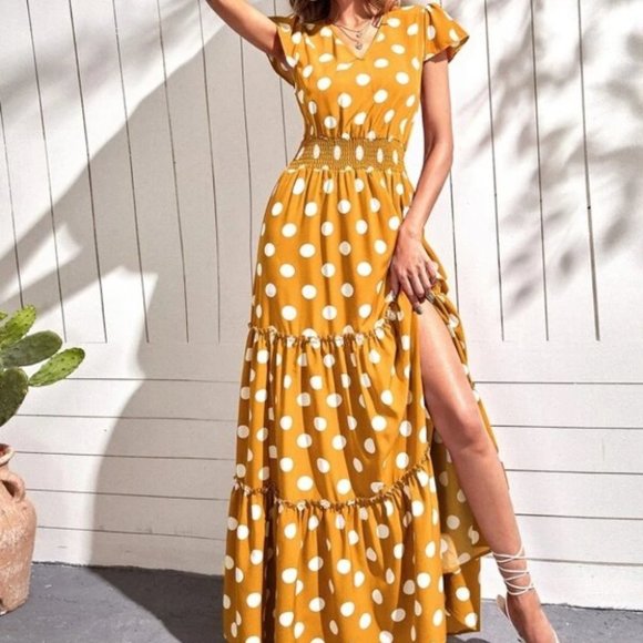yellow polka dot print ruffle hem maxi dress - Picture 3 of 7